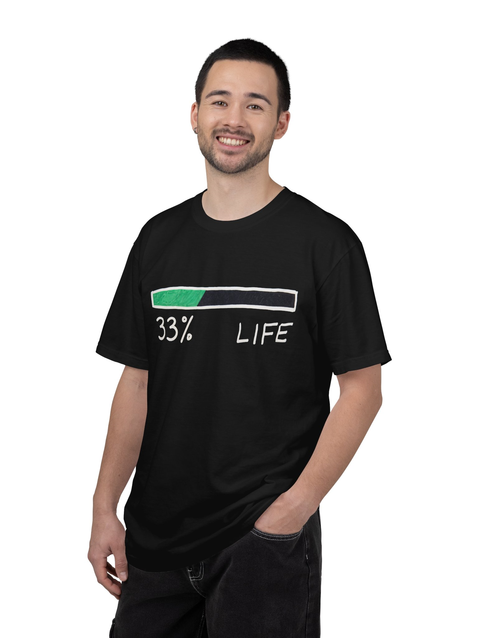 Grafikali qora futbolka "% Life Loading", uniseks rasm 3